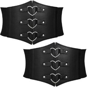 2 Pieces Corset Belt for Women Black Wide Corset Elastic Heart-Ring Belt for Daily Cosplay Leather Waist Belt