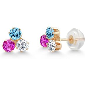 Gem Stone King 14K Yellow Gold Customized and Personalized 3MM Round Gemstone Birthstone Trio 3 Stone Stud Earrings For Women | Fine Jewelry Gifts for Her Mom Women Wife