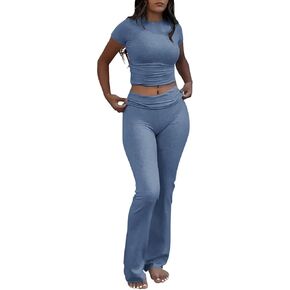 Women's 2 Piece Lounge Outfits Slim Short Sleeve Tops Low Rise Flare Leggings Sets Yoga Sweatsuit