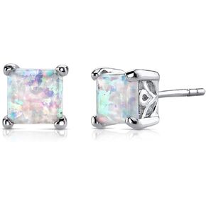 Peora Created White Fire Opal Earrings 925 Sterling Silver, Scroll Gallery Solitaire Studs, 2 Carats Total Princess Cut 6mm, Friction Back, October Birthstone Earrings, Dainty, Iridescent Earrings