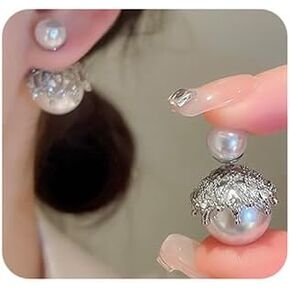 Wiwpar Silver Post Double Sided Pearl Rhinestone Ear Stud Earrings Crystal Twisted Stud Earrings Double Sided Ball Earrings for Women Fashion Earrings Gifts