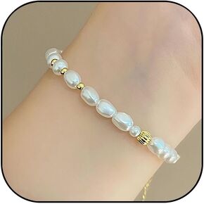 Baroque Pearl Bracelet for Women 14K Gold Pearl statement Bracelet Dainty White Pearl Stretch Bracelets Birthday Jewelry Gift for Women