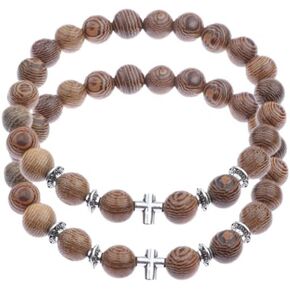 Fuqimanman2020 Natural Wooden Cross Christian Prayer Beads Stretch Bracelet Set for Women Men Catholic Religious Prayer Retro Jewelry