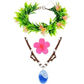DDazzling Hawaii Flowers Garland Headdress Flower Clip with Necklace Party Theam Dress Up Accessory Set (Red Green White)