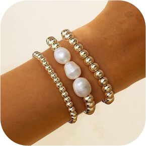 FUNRUN JEWELRY 3-5PCS Gold Bracelets for Women 16K Gold Plated Beaded Bracelets Stackable Stretch Bead Ball Bracelet Jewelry Sets For Gifts