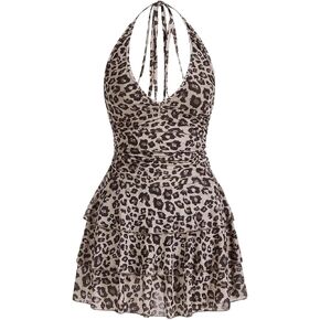 Women's Y2K Leopard Print Halter Dress Sexy Ruched Tie Backless Tiered Layer Mini Dresses Cheetah Mesh Ruffle Dress in Kuwait