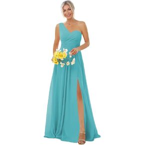 Women's One Shoulder Chiffon Bridesmaid Dresses Long A-Line Pleated Formal Party Dress with Slit