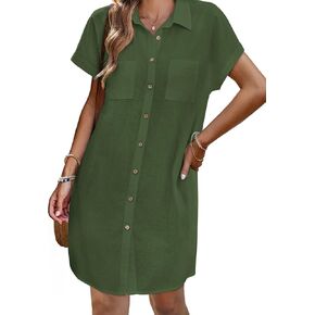 Zeagoo Womens Button Down Shirt Dress Summer Cotton Linen Dress V-Neck Mini Dress Casual Short Sleeve Loose Tunic Dresses