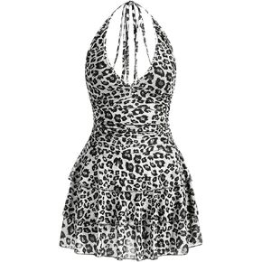 Women's Y2K Leopard Print Halter Dress Sexy Ruched Tie Backless Tiered Layer Mini Dresses Cheetah Mesh Ruffle Dress