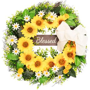 Wreaths for Front Door with Sunflowers and Daisies, 20’’ Summer Wreaths for Front Door, Front Door Wreath Including Reversible Welcome and Blessed Sign, Bow, and Long Door Hook.