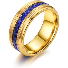 Xusamss 18K Gold Plated Ring One Row Blue Crystal Ring Stainless Steel Band Ring