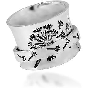 HUASAI Flower Spinner Ring Anxiety Ring for Women Silver Fidget Band Ring Meditation Ring Statement Stress Relief Ring for Men