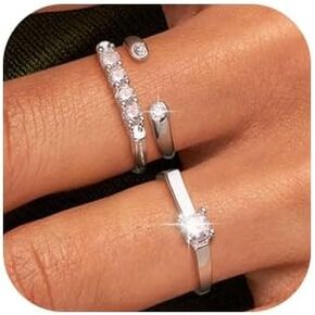 Gold Rings for Women, Adjustable Sterling Silver Stackable Cubic Zirconia Thumb Gold Band Cuff Ring Set for Women 14k Gold Plated Stacking Waterproof Open Dainty Rings Trendy Jewelry for Women