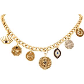 MINACHI Multi Layer Chain Necklace, Evil Eye and Round Tag Charms, Retro Ethnic Chunky Jewelry for Women