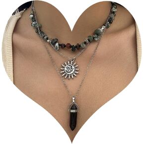 Layered Sun Necklace for Women Stacked Crystal Chain Necklace Pendant Hippie Boho Necklace