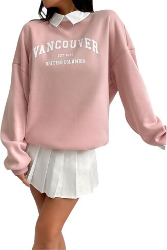 Floerns Women's Letter Graphic Contrast Collar Pullovers Long Sleeve Sweatshirts in Saudi Arabia