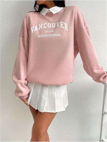 Floerns Women's Letter Graphic Contrast Collar Pullovers Long Sleeve Sweatshirts in Saudi Arabia