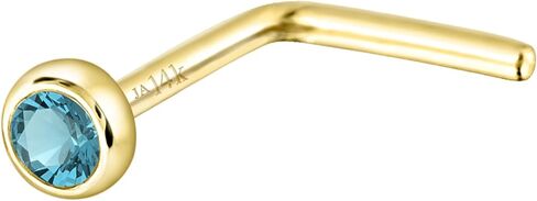 Solid 14K Gold L-Shape Stud Bezel Set Blue Topaz 22G L-Bend Nose Stud - 14K White Gold / 14K Yellow Gold December Birthstone Nose Ring Stud in Kuwait