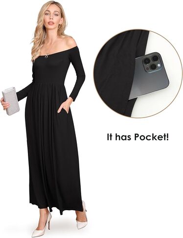 Amoretu Dresses for Women Long Sleeve Off Shoulder Maxi Flowy Casual Loose Plain Dress with Pockets in Kuwait