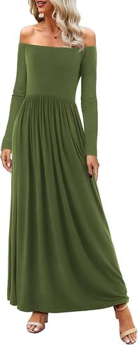 Amoretu Dresses for Women Long Sleeve Off Shoulder Maxi Flowy Casual Loose Plain Dress with Pockets in Kuwait