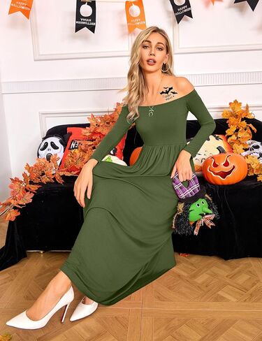 Amoretu Dresses for Women Long Sleeve Off Shoulder Maxi Flowy Casual Loose Plain Dress with Pockets in Kuwait