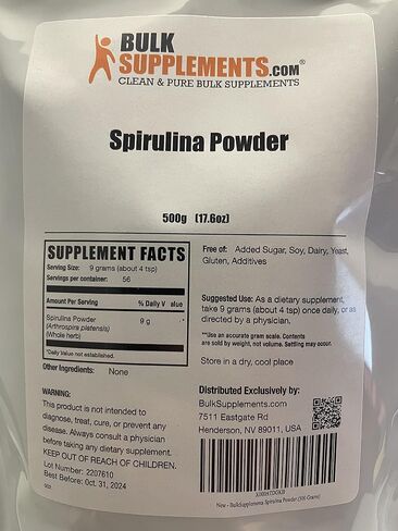 BulkSupplements.com Organic Spirulina Powder - Superfood Powder, Green Spirulina Powder, Spirulina Organic - Vegan-Friendly, 3000mg per Serving, 500g (1.1 lbs) (Pack of 1) in Kuwait