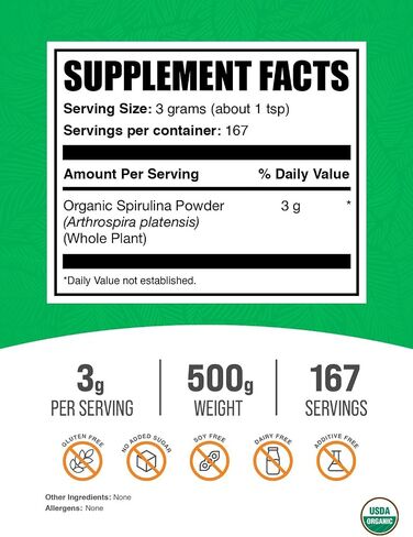 BulkSupplements.com Organic Spirulina Powder - Superfood Powder, Green Spirulina Powder, Spirulina Organic - Vegan-Friendly, 3000mg per Serving, 500g (1.1 lbs) (Pack of 1) in Kuwait