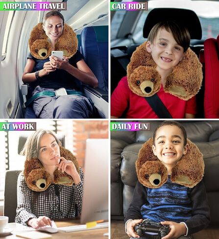 وسادة رقبة من القطيفة على شكل دب أشيب من دوليبو - وسادة رقبة ناعمة للسفر على شكل حيوان لدعم الرقبة والرأس، ملحق وسادة محشوة للحياة البرية اللطيفة للقيلولة، مسند رأس حيوانات محشو مبتكر للأطفال والكبار in Kuwait