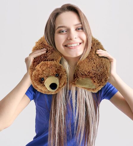 وسادة رقبة من القطيفة على شكل دب أشيب من دوليبو - وسادة رقبة ناعمة للسفر على شكل حيوان لدعم الرقبة والرأس، ملحق وسادة محشوة للحياة البرية اللطيفة للقيلولة، مسند رأس حيوانات محشو مبتكر للأطفال والكبار in Kuwait