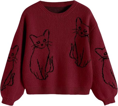 GORGLITTER Women's Cat Graphic Long Sleeve Sweater Drop Shoulder Crewneck Pullover Top in Saudi Arabia