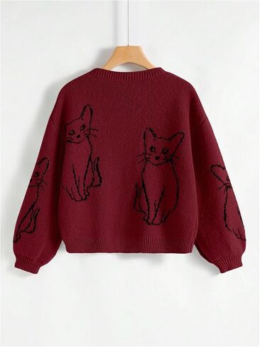 GORGLITTER Women's Cat Graphic Long Sleeve Sweater Drop Shoulder Crewneck Pullover Top in Saudi Arabia
