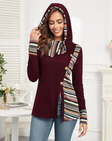 ZAFUL المرأة هوديس كم طويل رقبة الطربوش زر مقنعين قمصان متماسكة قمم 2024 الخريف وتتسابق عارضة بوهو البلوز البلوز in Saudi Arabia