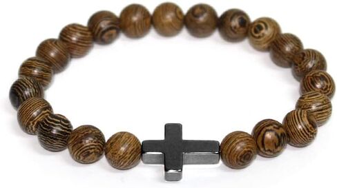 Fuqimanman2020 Natural Wooden Cross Christian Prayer Beads Stretch Bracelet Set for Women Men Catholic Religious Prayer Retro Jewelry in Kuwait