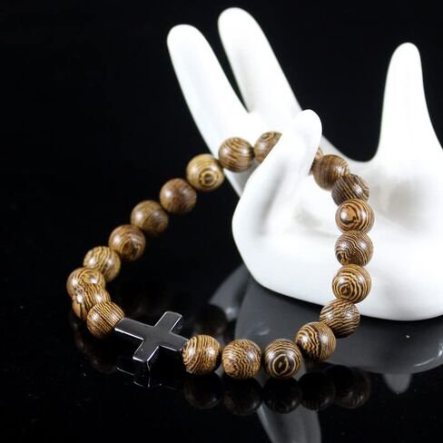 Fuqimanman2020 Natural Wooden Cross Christian Prayer Beads Stretch Bracelet Set for Women Men Catholic Religious Prayer Retro Jewelry in Kuwait