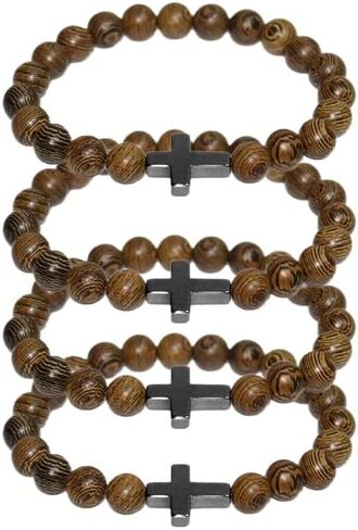 Fuqimanman2020 Natural Wooden Cross Christian Prayer Beads Stretch Bracelet Set for Women Men Catholic Religious Prayer Retro Jewelry in Kuwait