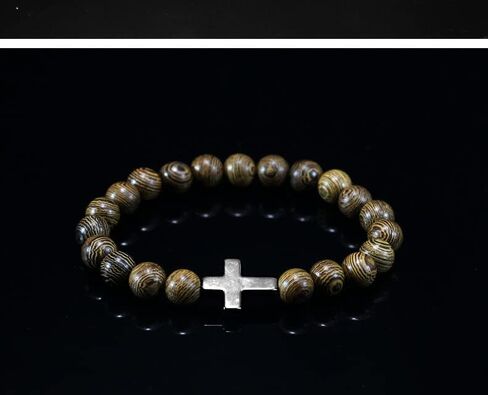 Fuqimanman2020 Natural Wooden Cross Christian Prayer Beads Stretch Bracelet Set for Women Men Catholic Religious Prayer Retro Jewelry in Kuwait