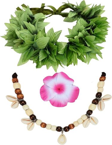 DDazzling Hawaii Flowers إكليل غطاء الرأس مشبك على شكل زهرة مع قلادة للحفلات مجموعة إكسسوارات (أحمر وأخضر وأبيض) in Saudi Arabia