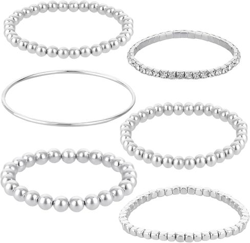 6 Pack Silver Ball Bracelets Elastic Bead Ball Bracelet Stackable Thin Bangle Bracelet Cubic Bead Bracelet, Adjustable Stretch Boho Stretch Bead Ball Bracelet Set in Saudi Arabia