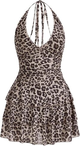 Women's Y2K Leopard Print Halter Dress Sexy Ruched Tie Backless Tiered Layer Mini Dresses Cheetah Mesh Ruffle Dress in Kuwait