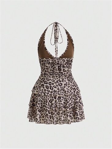 Women's Y2K Leopard Print Halter Dress Sexy Ruched Tie Backless Tiered Layer Mini Dresses Cheetah Mesh Ruffle Dress in Kuwait