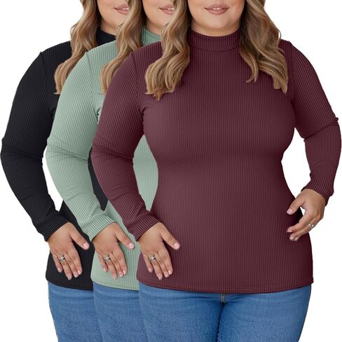 Riyiper 3 Pack Women's Plus Size Mock Turtleneck Tops, Long Sleeve Slim Fit Ribbed T-Shirts Pullover Sweater Basic Layer Top in Saudi Arabia