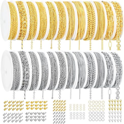 ELLEWIN 78.7 Feet 12 Rolls Gold Necklace Chains for Jewelry Making Jewelry Chains Bulk DIY Necklace Bracelet Making Accessories with Jump Rings Lobster Clasps Connectors in Saudi Arabia