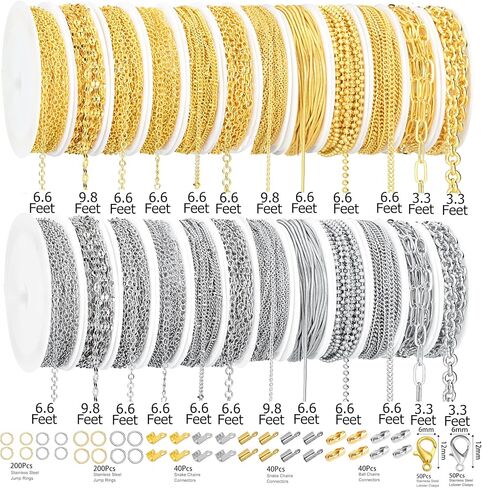 ELLEWIN 78.7 Feet 12 Rolls Gold Necklace Chains for Jewelry Making Jewelry Chains Bulk DIY Necklace Bracelet Making Accessories with Jump Rings Lobster Clasps Connectors in Saudi Arabia