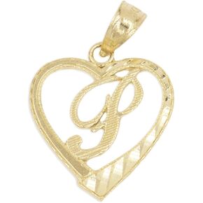 10k Solid Gold Initial Pendant in Heart Frame with Diamond Cut Finish, Available in Different Letters of Alphabet Personalized Charm for Women (P)