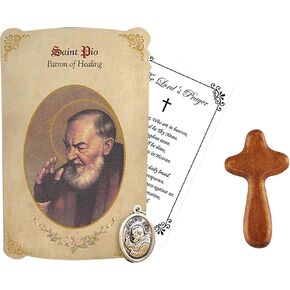 St Padre Pio Medal (1 Inch) - Padre Pio Medallion, Saint Pio Prayer Card, Wooden Comfort Cross To Hold, The Lord's Prayer Card - Padre Pio Patron Saint of Healing Themed Set - 3 Items Total
