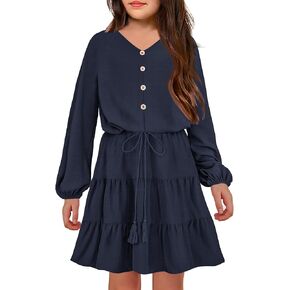 Arshiner Tween Girls Dresses Fall Long Sleeve V Neck Waist Tie Ruffle Tiered Swing Skater Dress