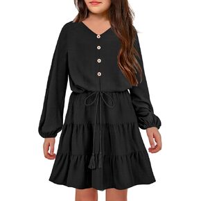 Arshiner Tween Girls Dresses Fall Long Sleeve V Neck Waist Tie Ruffle Tiered Swing Skater Dress in Kuwait