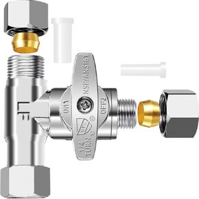 Push Fit Tee Stop Valve - 1/2" Push x 1/2" Push x 1/4" Compression Water Shut Off Valve,1/4 Turn Chrome Water Line Splitter for Cooper, PEX，PVC Pipe, Tubing