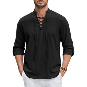 COOFANDY Mens Pure Cotton Retro Lace Up Renaissance Shirts Medieval Pirate Viking Top Linen Halloween Costume
