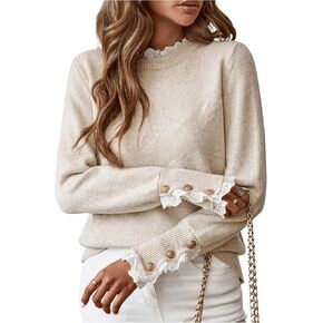 SOLY HUX Sweaters for Women Ruffle Mock Neck Long Sleeve Button Knit Pullover Tops